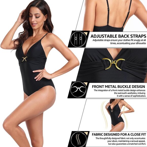 Women One Piece Swimsuits V Neck Tummy Control Bathing Suits XL - Picture 4 of 6